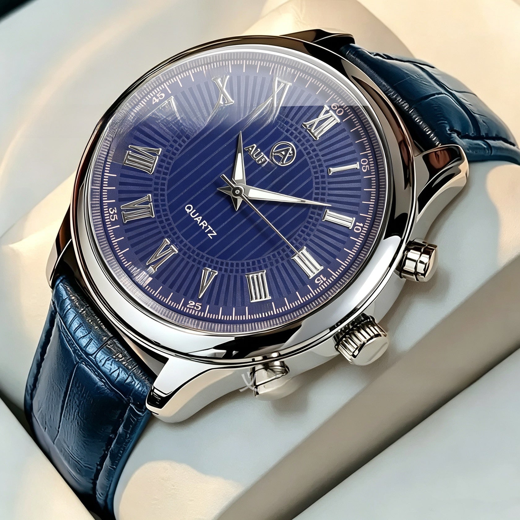 Men's Quartz Watch With Genuine Leather Strap And Pin Buckle, Round Dial Featuring Ordinary Glass Mirror And Pointer Display