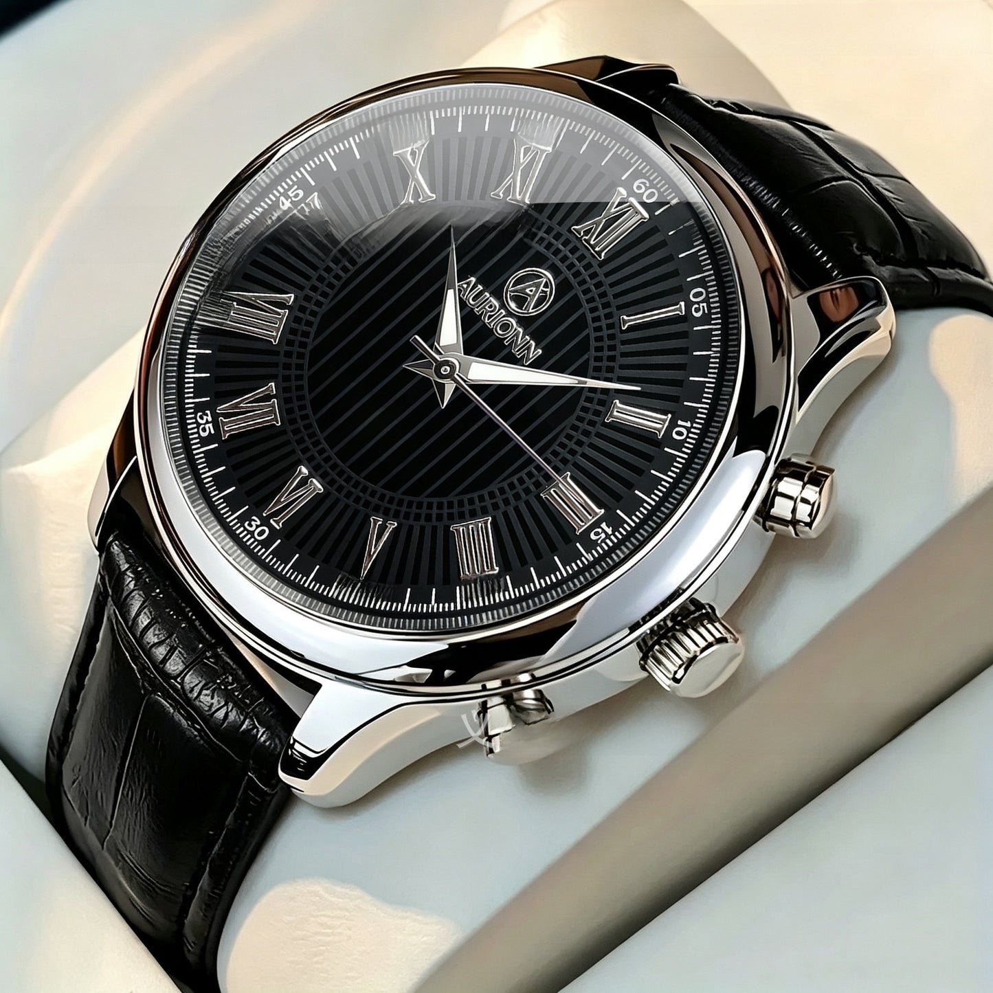 Men's Quartz Watch With Genuine Leather Strap And Pin Buckle, Round Dial Featuring Ordinary Glass Mirror And Pointer Display