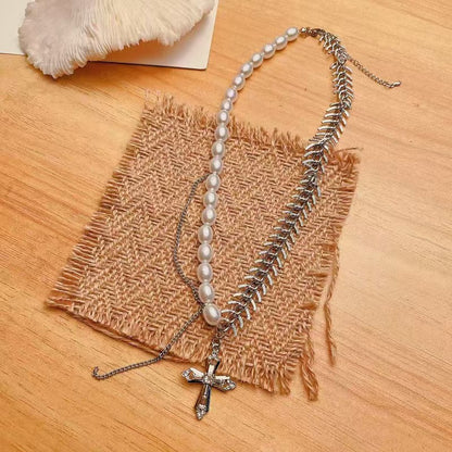 Silver Cross Double Layer Necklace For Women Featuring Titanium Steel Chain And Alloy Pendant
