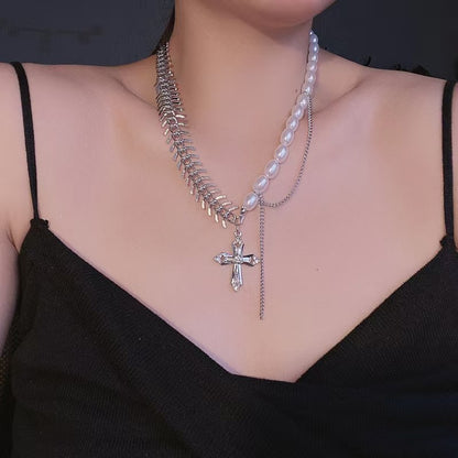 Silver Cross Double Layer Necklace For Women Featuring Titanium Steel Chain And Alloy Pendant
