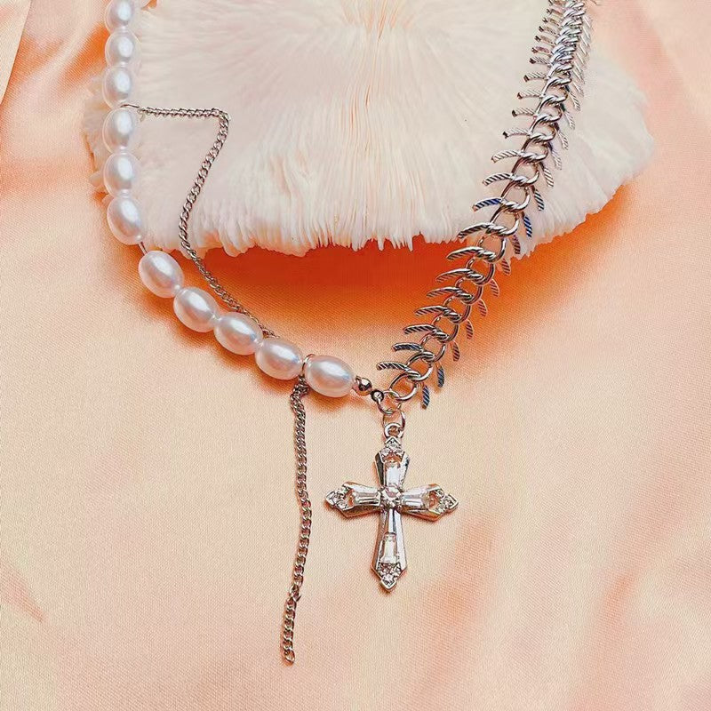 Silver Cross Double Layer Necklace For Women Featuring Titanium Steel Chain And Alloy Pendant