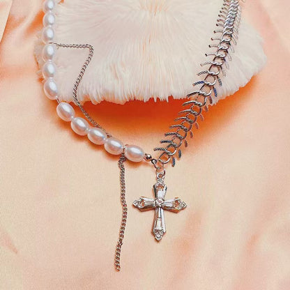 Silver Cross Double Layer Necklace For Women Featuring Titanium Steel Chain And Alloy Pendant