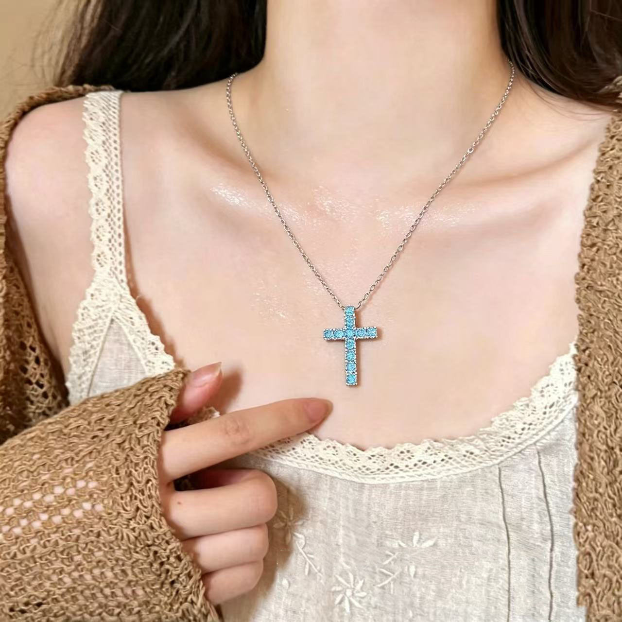Cross Pendant Necklace For Women In Copper With Electroplated Gold Plating And Zircon Inlay