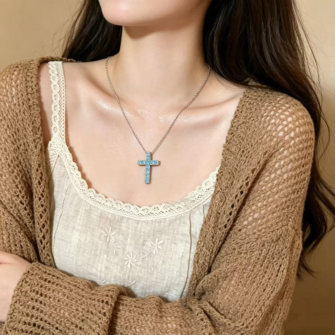 Cross Pendant Necklace For Women In Copper With Electroplated Gold Plating And Zircon Inlay