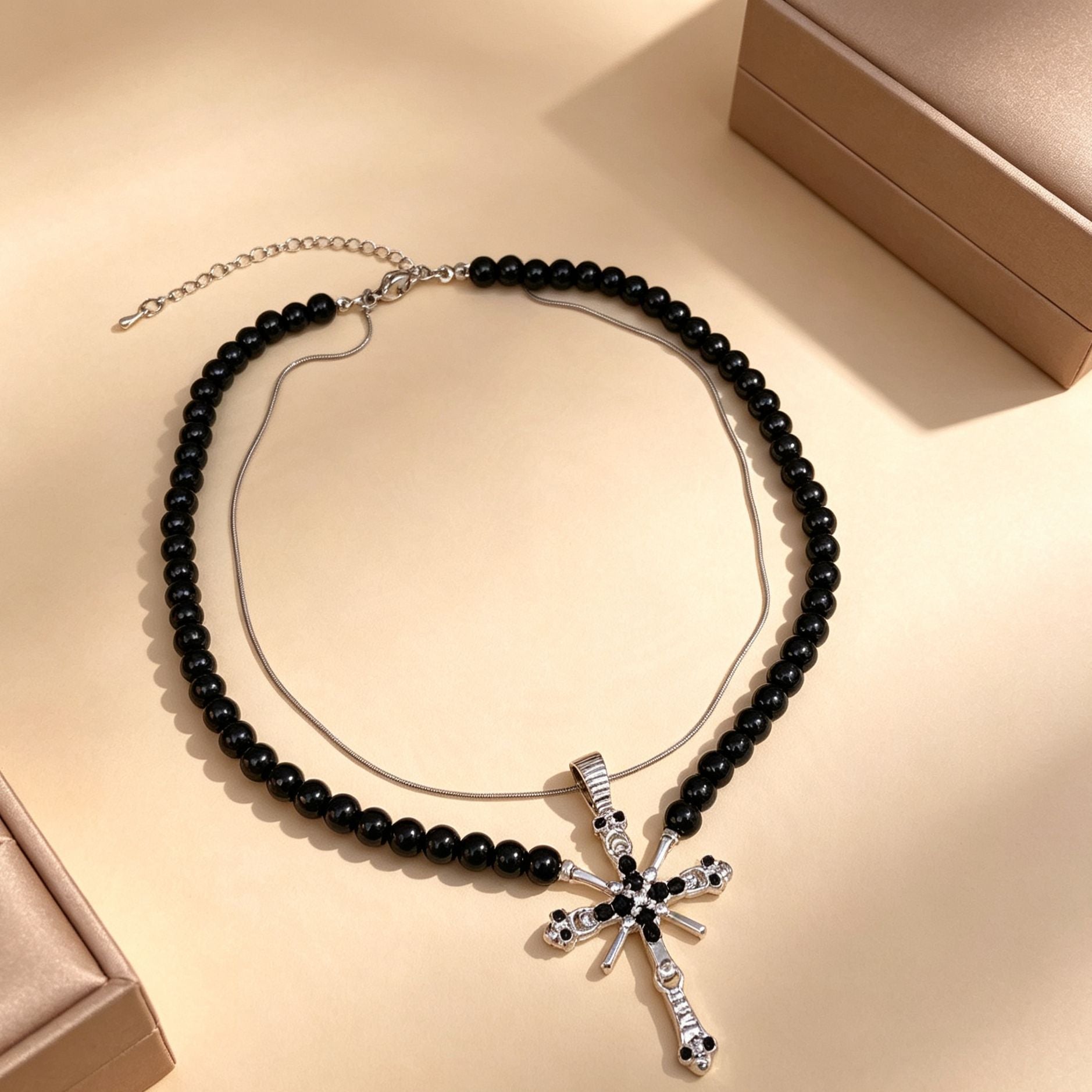 Exaggerated Cross Double Layer Necklace For Women In Dyed Black Featuring Alloy Pendant And Micro Super Whisper Thin Chain