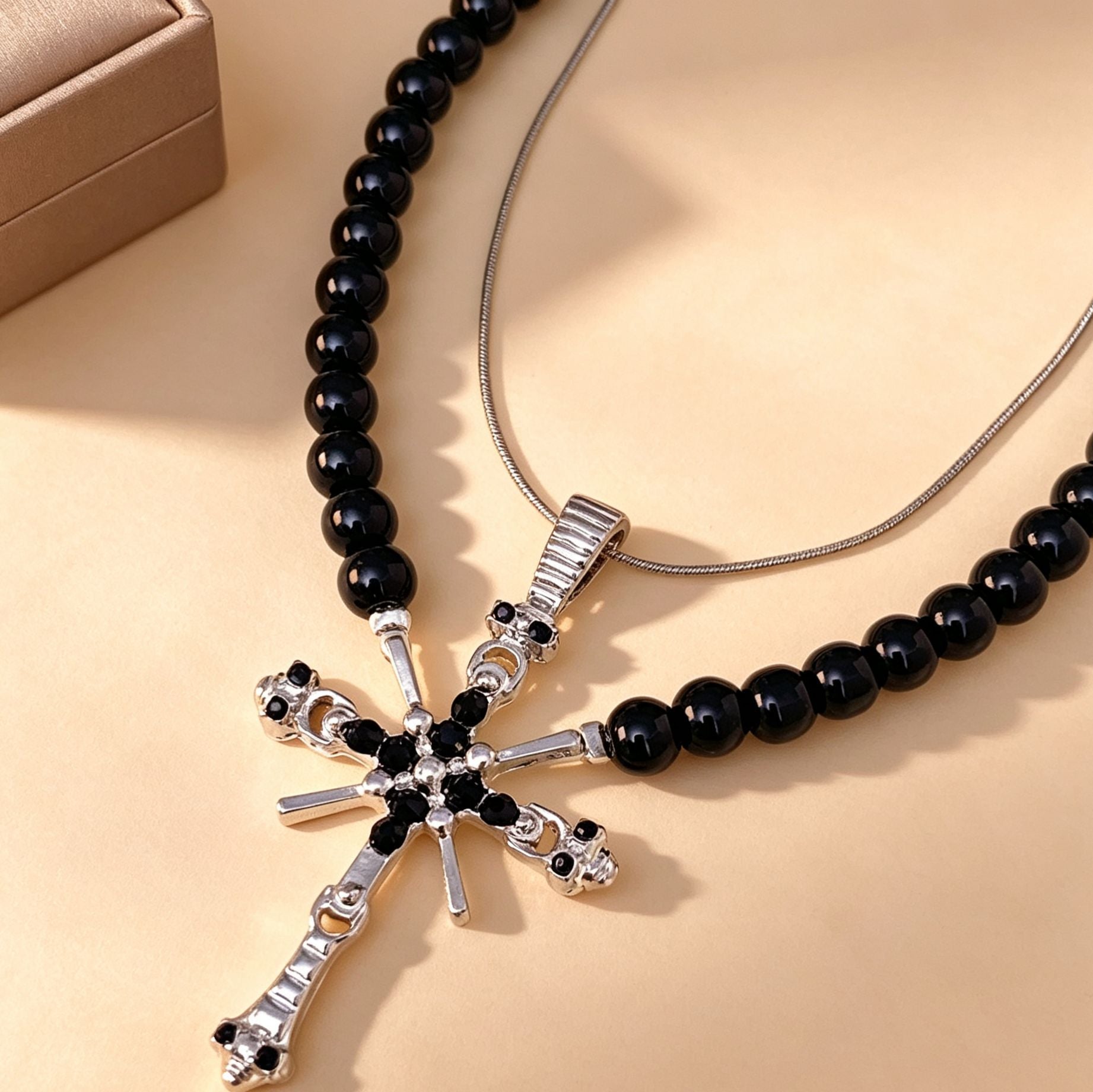 Exaggerated Cross Double Layer Necklace For Women In Dyed Black Featuring Alloy Pendant And Micro Super Whisper Thin Chain