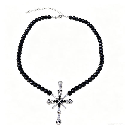 Exaggerated Cross Double Layer Necklace For Women In Dyed Black Featuring Alloy Pendant And Micro Super Whisper Thin Chain
