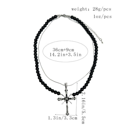 Exaggerated Cross Double Layer Necklace For Women In Dyed Black Featuring Alloy Pendant And Micro Super Whisper Thin Chain