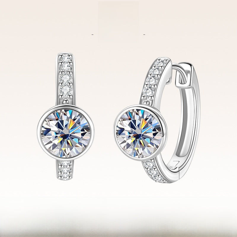 Round Unisex Earrings In 925 Sterling Silver With Moissanite Inlay, Featuring Electroplated Finish And 925 Sterling Silver Posts