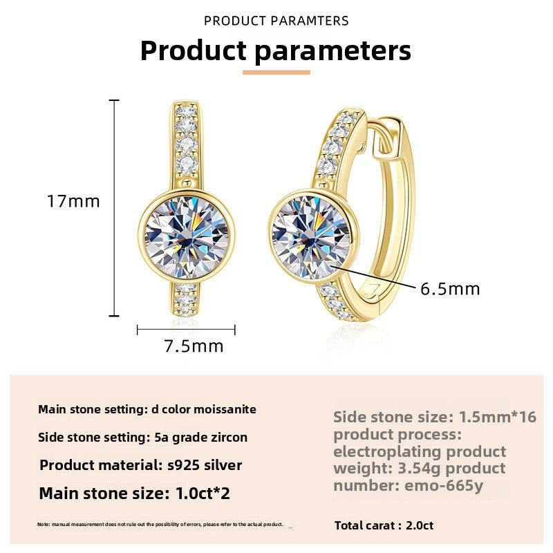 Round Unisex Earrings In 925 Sterling Silver With Moissanite Inlay, Featuring Electroplated Finish And 925 Sterling Silver Posts