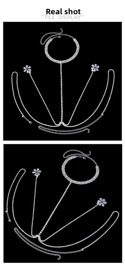 Gold Rhinestone Body Chain For Women Featuring Floral Pattern, Perfect Wedding Chest Accessory