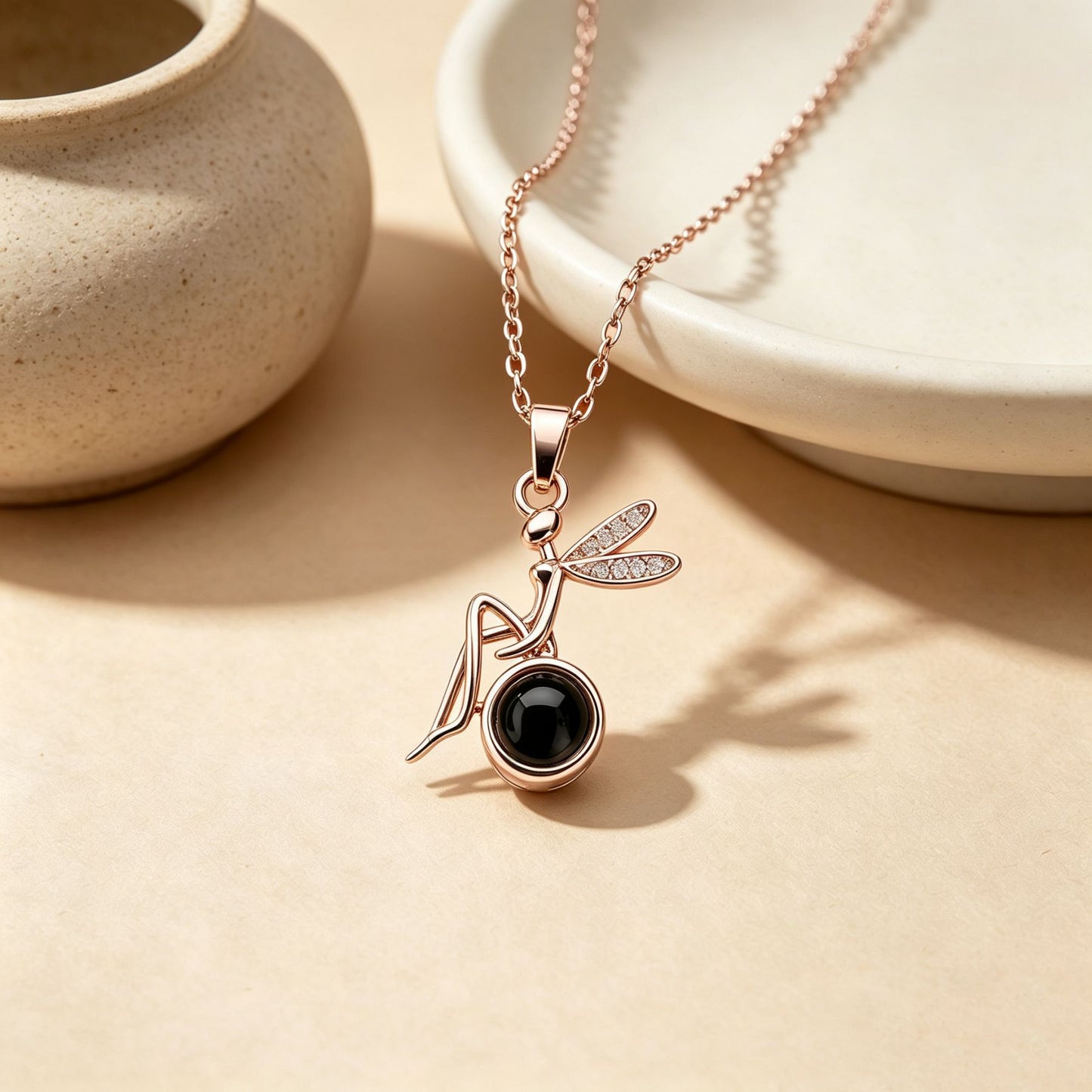 Dragonfly Necklace For Women In Gold With Copper Pendant And Rhinestone Inlay On Cable Chain