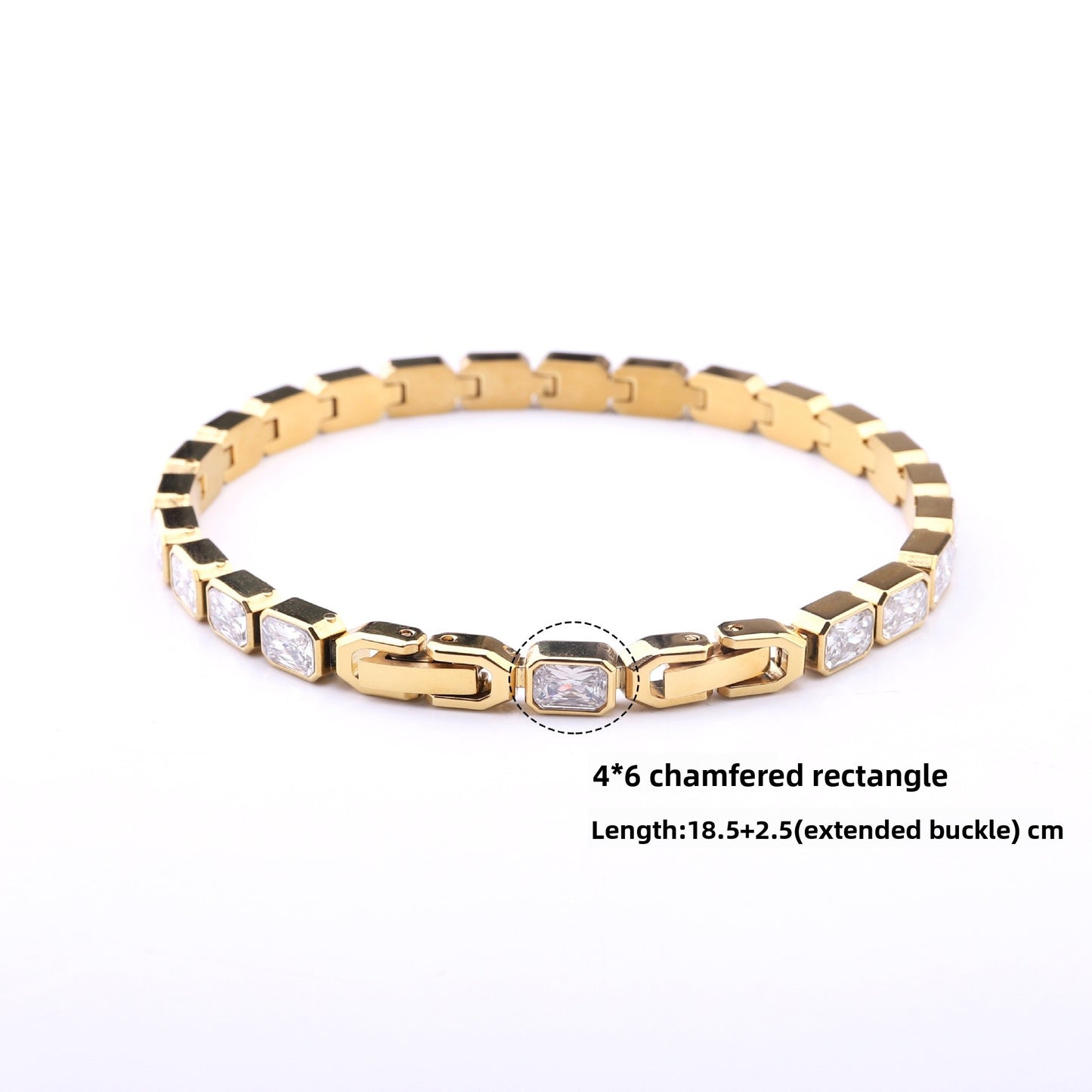 Luxurious Unisex Rectangle Tennis Bracelet In Stainless Steel With Zircon Inlay, Available In Gold
