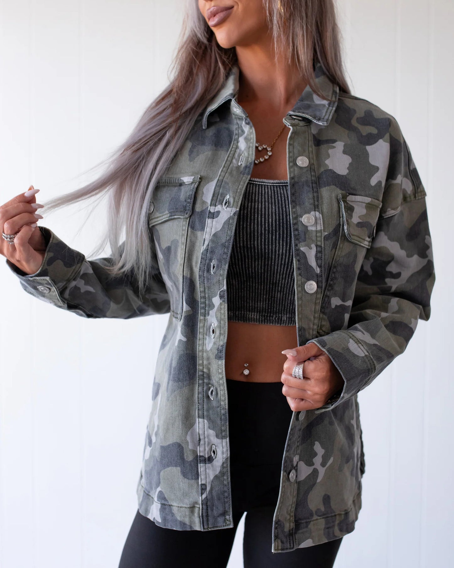 Camouflage Denim Coat For Women With Lapel Collar, Long Sleeve, Featuring Streetwear Style And Printing Craft