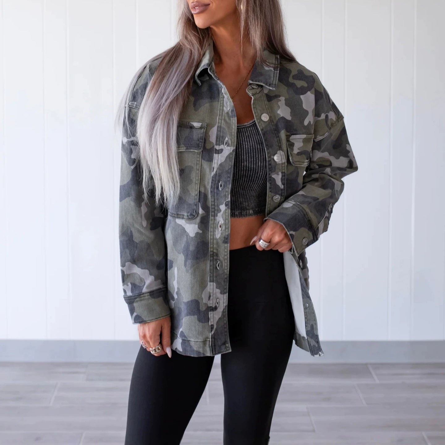 Camouflage Denim Coat For Women With Lapel Collar, Long Sleeve, Featuring Streetwear Style And Printing Craft