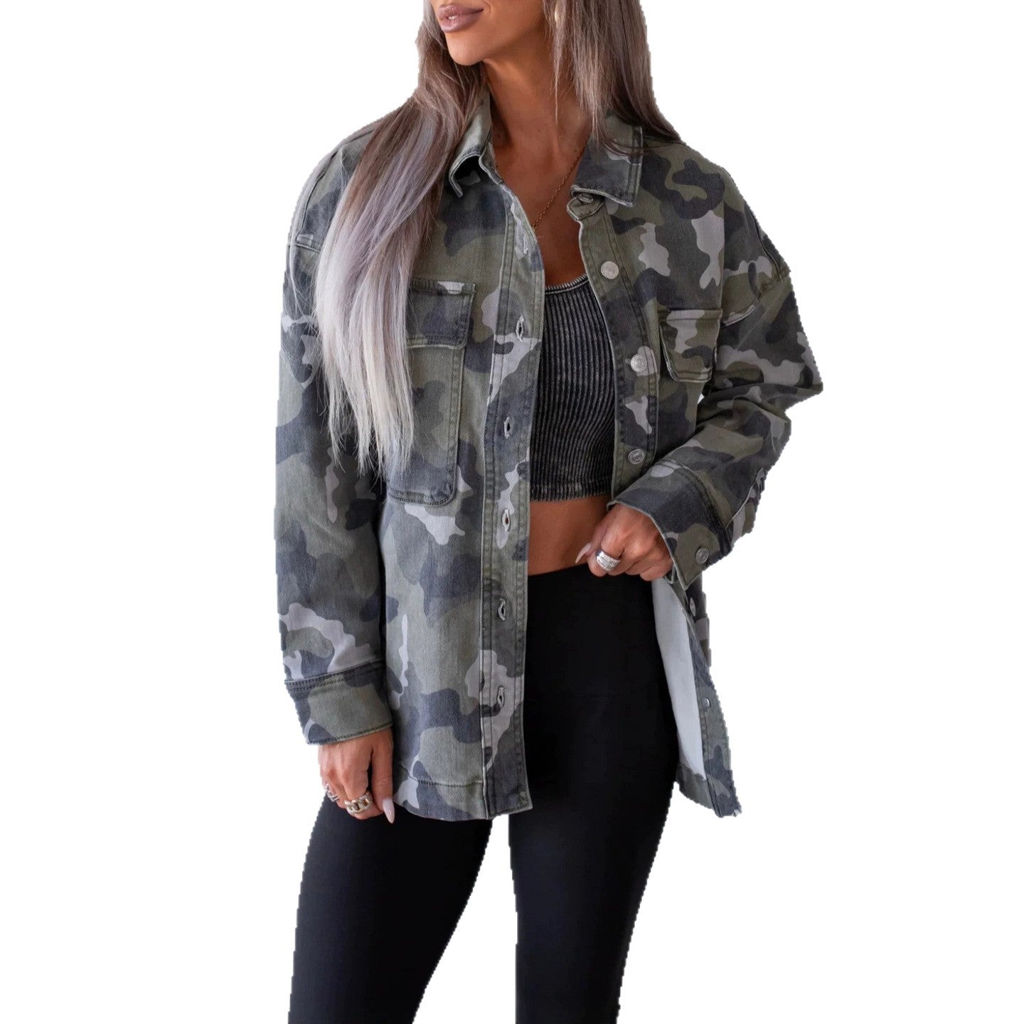 Camouflage Denim Coat For Women With Lapel Collar, Long Sleeve, Featuring Streetwear Style And Printing Craft