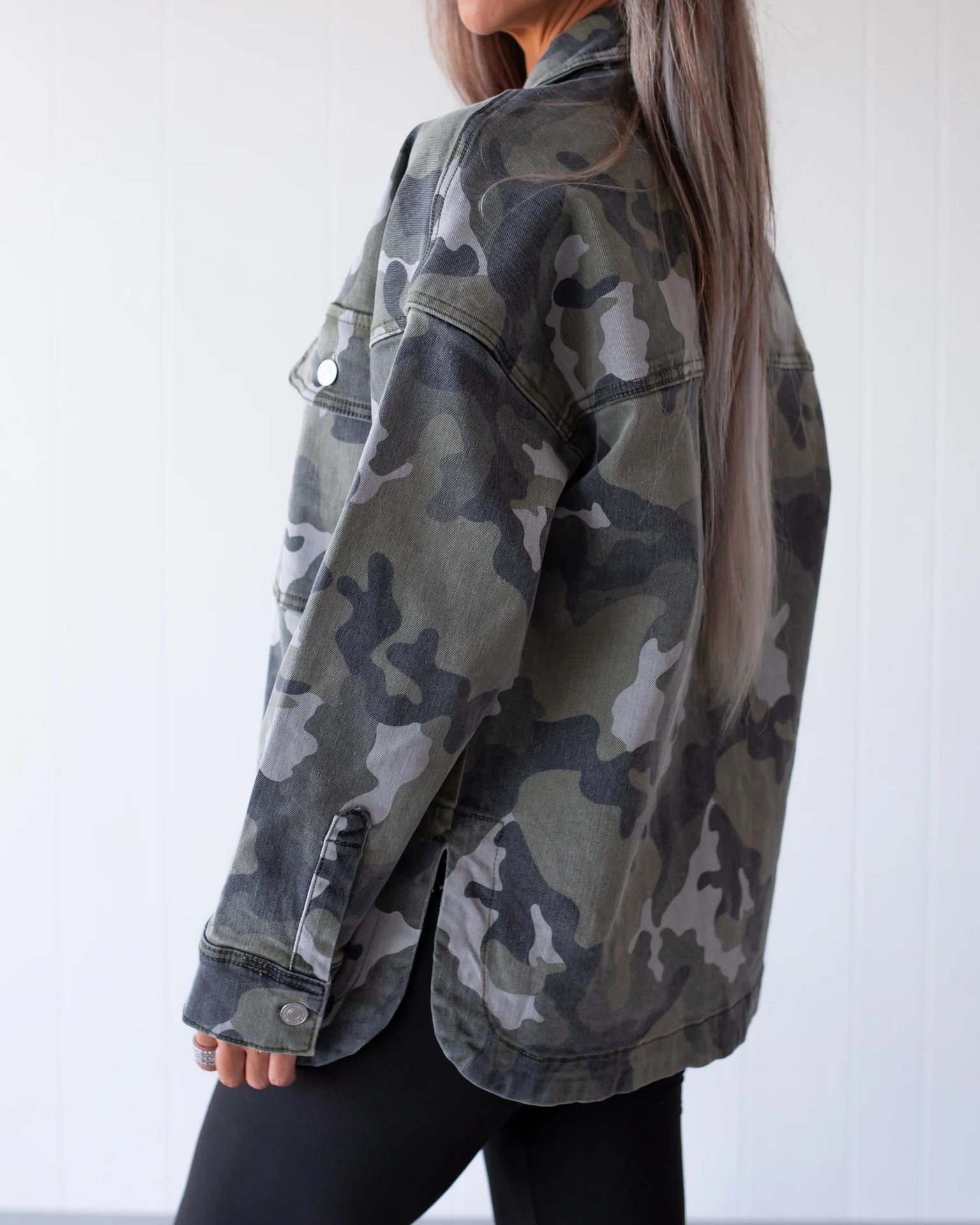 Camouflage Denim Coat For Women With Lapel Collar, Long Sleeve, Featuring Streetwear Style And Printing Craft