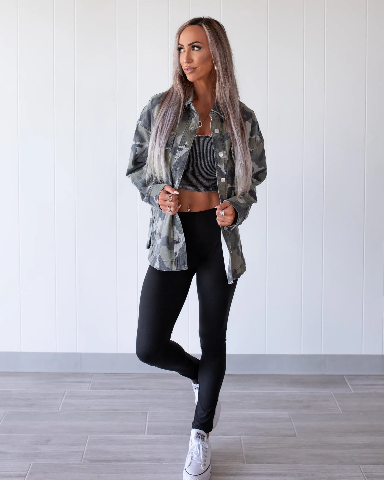 Camouflage Denim Coat For Women With Lapel Collar, Long Sleeve, Featuring Streetwear Style And Printing Craft