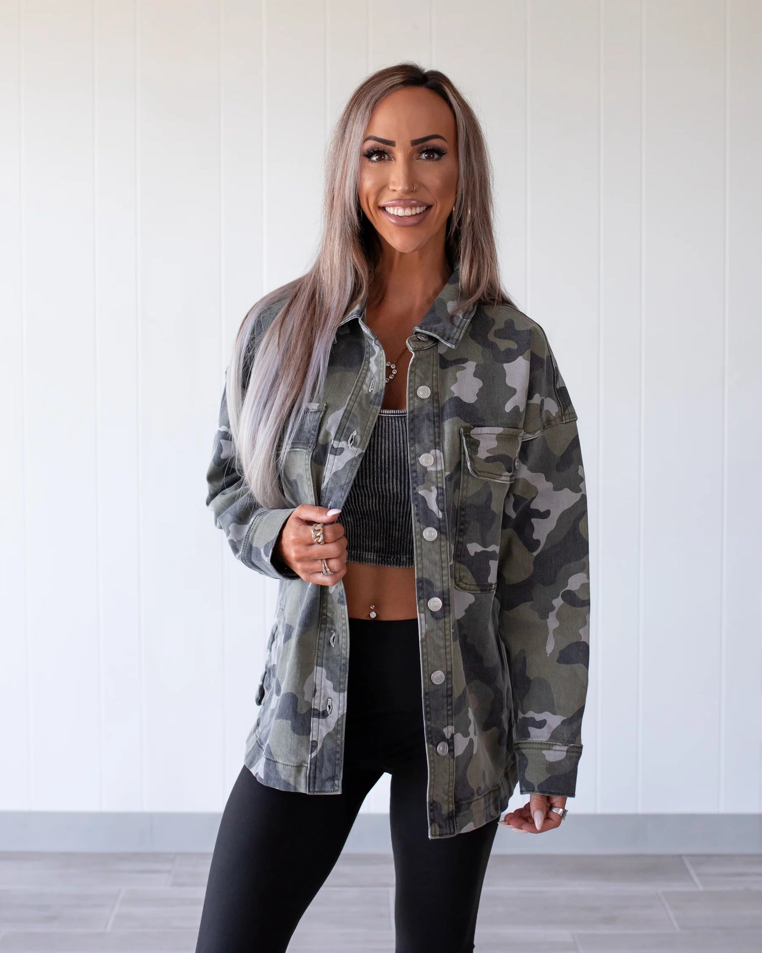 Camouflage Denim Coat For Women With Lapel Collar, Long Sleeve, Featuring Streetwear Style And Printing Craft
