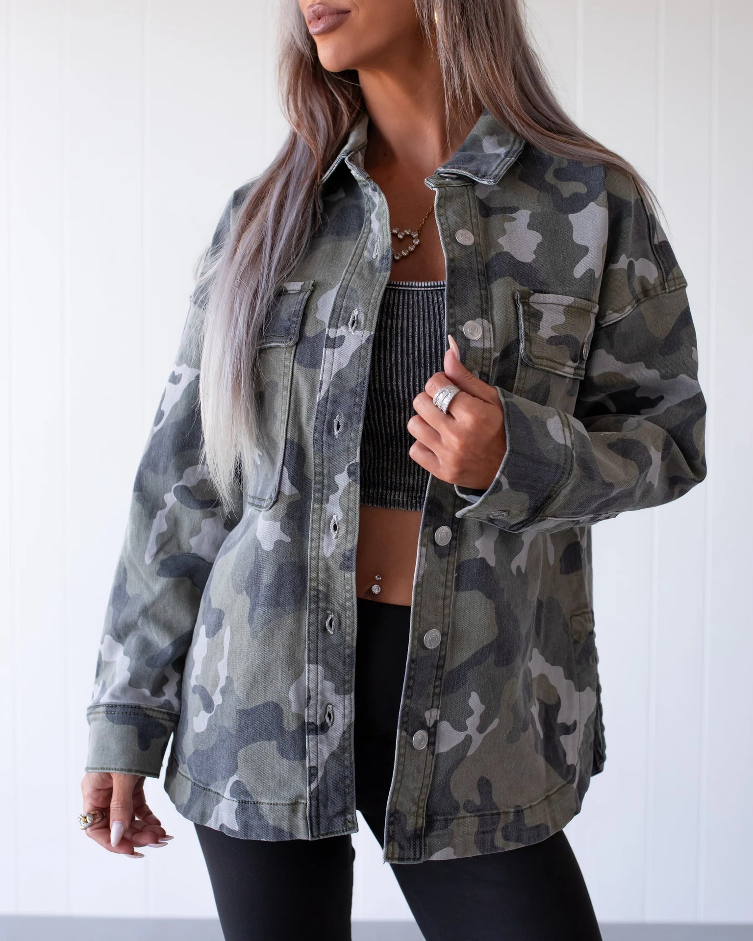 Camouflage Denim Coat For Women With Lapel Collar, Long Sleeve, Featuring Streetwear Style And Printing Craft