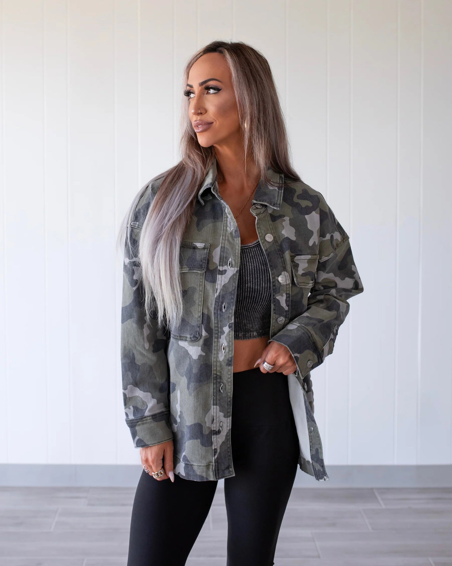 Camouflage Denim Coat For Women With Lapel Collar, Long Sleeve, Featuring Streetwear Style And Printing Craft