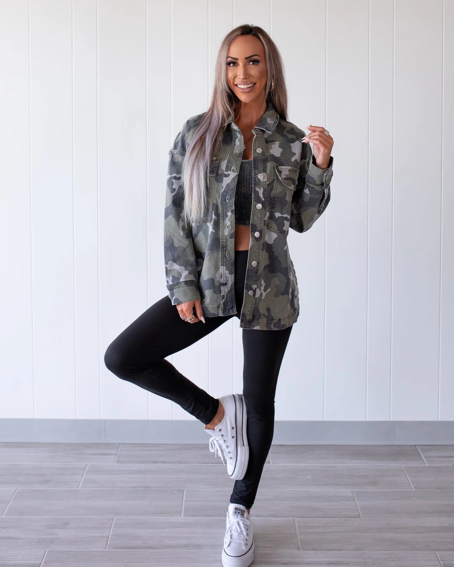 Camouflage Denim Coat For Women With Lapel Collar, Long Sleeve, Featuring Streetwear Style And Printing Craft