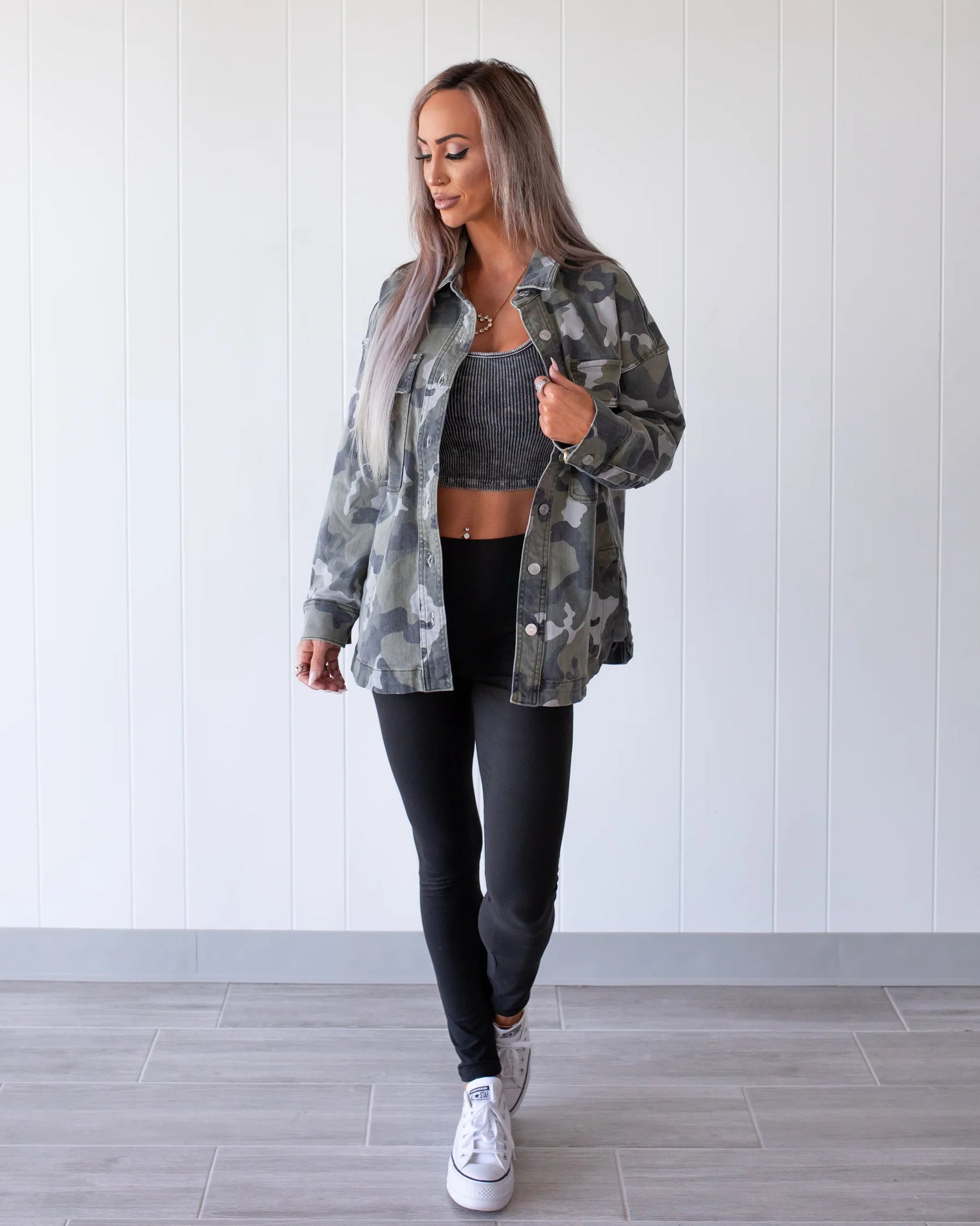 Camouflage Denim Coat For Women With Lapel Collar, Long Sleeve, Featuring Streetwear Style And Printing Craft