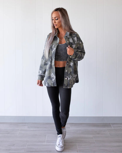Camouflage Denim Coat For Women With Lapel Collar, Long Sleeve, Featuring Streetwear Style And Printing Craft