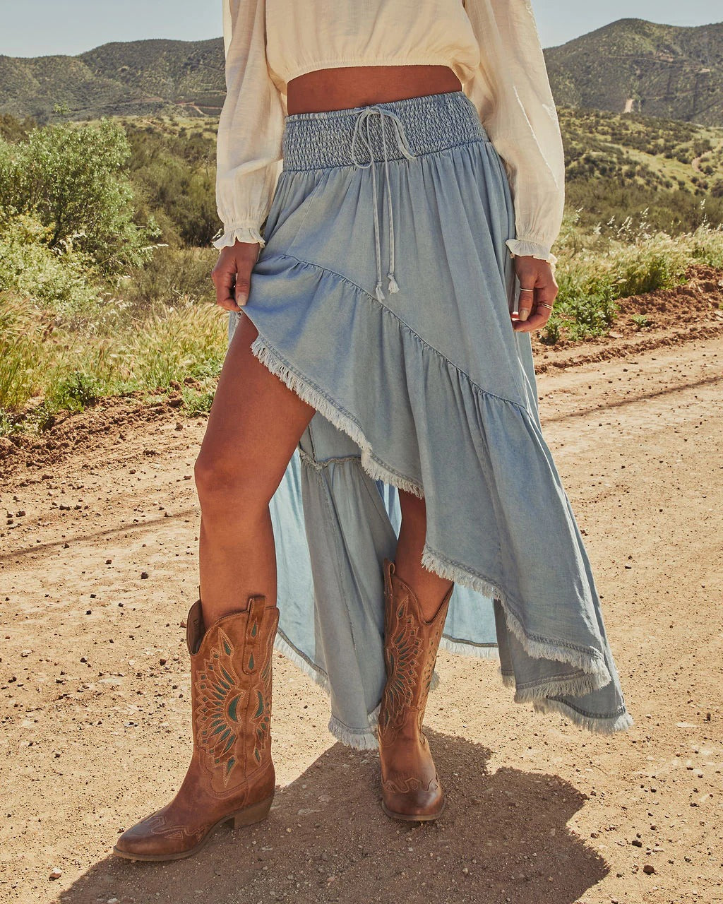 Solid Color Slim Irregular Skirt In Denim Cotton With Ruffles, Streetwear Style For Spring