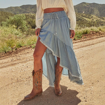 Solid Color Slim Irregular Skirt In Denim Cotton With Ruffles, Streetwear Style For Spring