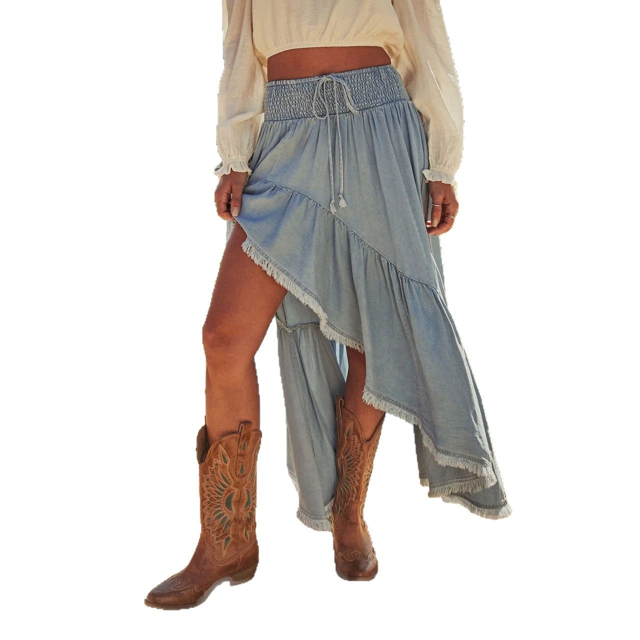 Solid Color Slim Irregular Skirt In Denim Cotton With Ruffles, Streetwear Style For Spring