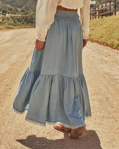 Solid Color Slim Irregular Skirt In Denim Cotton With Ruffles, Streetwear Style For Spring