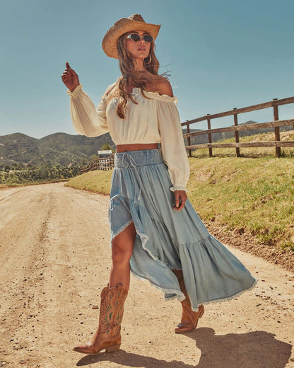 Solid Color Slim Irregular Skirt In Denim Cotton With Ruffles, Streetwear Style For Spring
