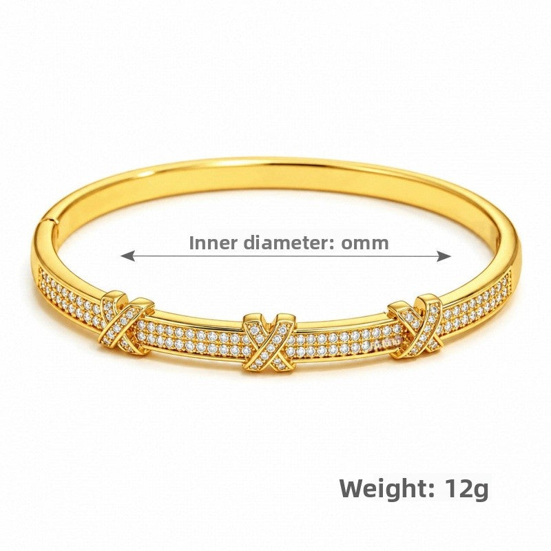 Women’s Copper Bangle With Electroplated Gold Plating And Zircon Inlay, Elegant Letter Pattern Design