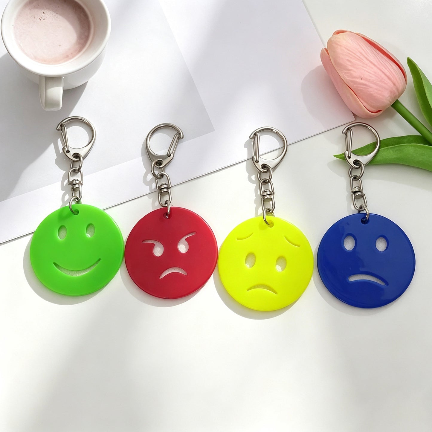 Smiley Face Key Chain In Acrylic Material Featuring Durable Acrylic Inlay