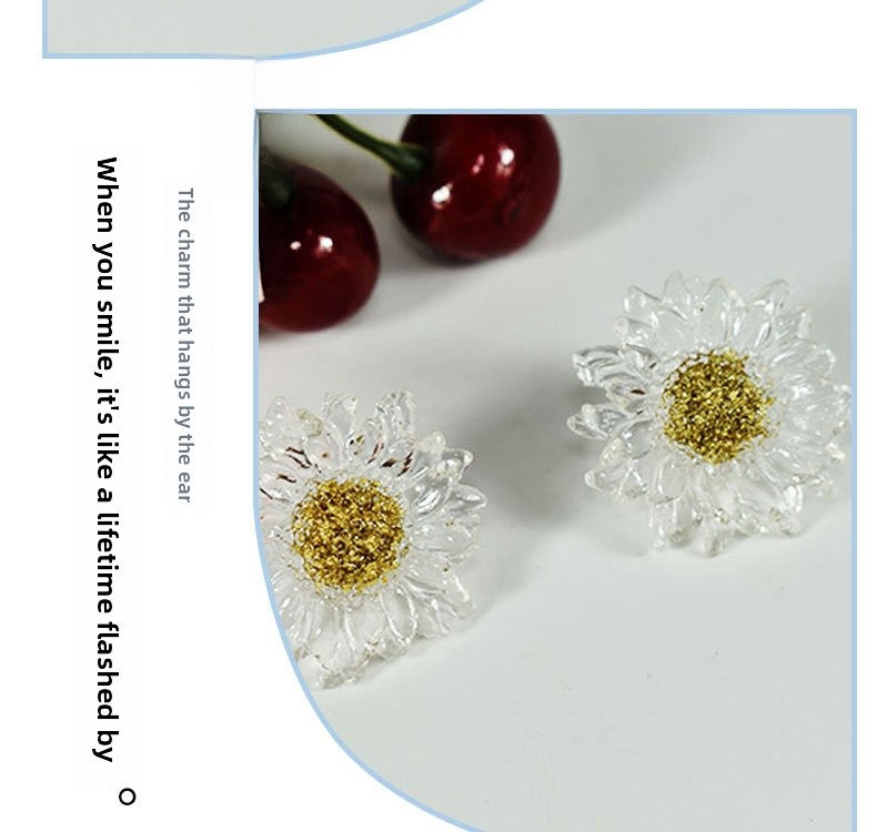 Handmade Daisy Stud Earrings In Transparent Resin With 925 Sterling Silver Posts, Sweet Style