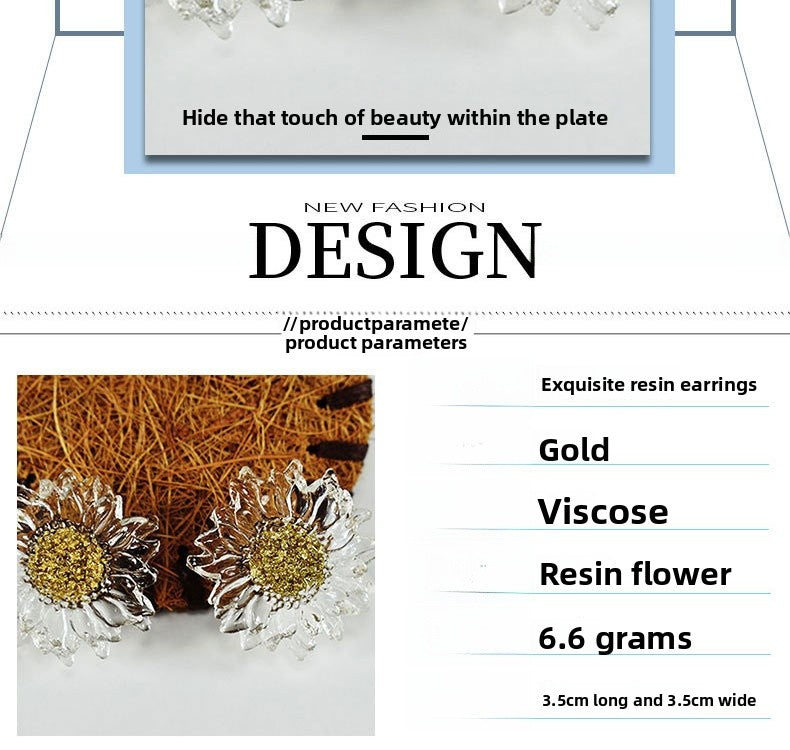 Handmade Daisy Stud Earrings In Transparent Resin With 925 Sterling Silver Posts, Sweet Style