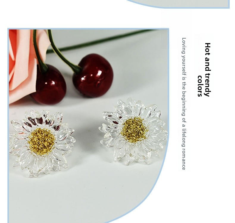 Handmade Daisy Stud Earrings In Transparent Resin With 925 Sterling Silver Posts, Sweet Style