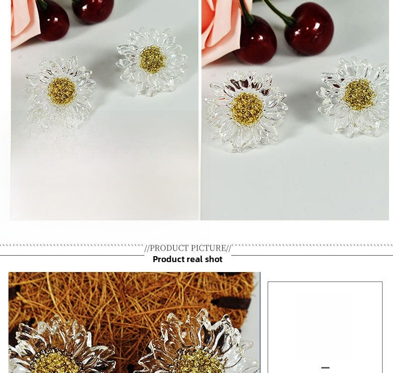 Handmade Daisy Stud Earrings In Transparent Resin With 925 Sterling Silver Posts, Sweet Style