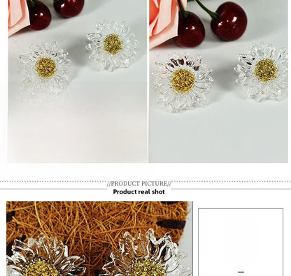 Handmade Daisy Stud Earrings In Transparent Resin With 925 Sterling Silver Posts, Sweet Style
