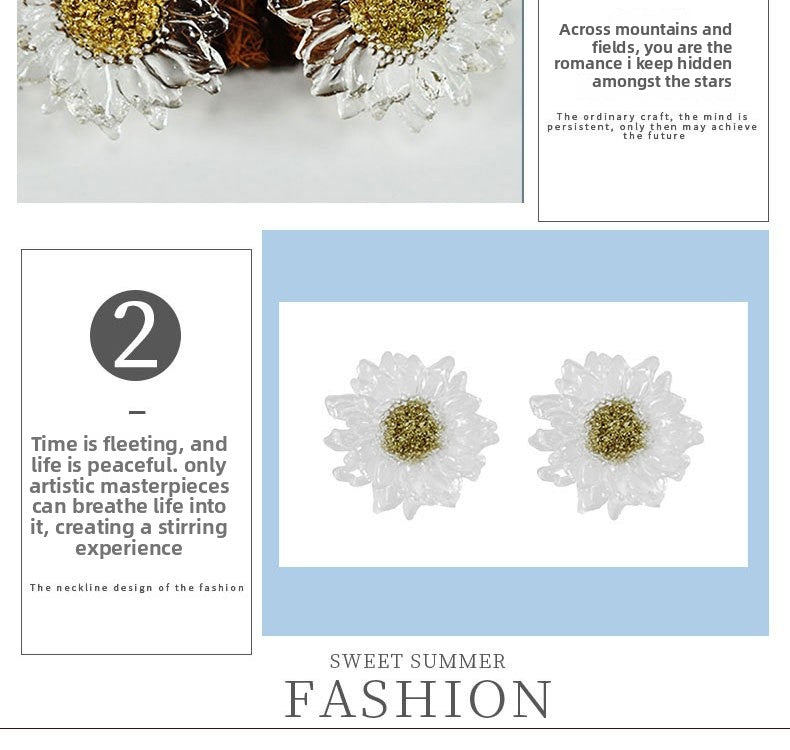 Handmade Daisy Stud Earrings In Transparent Resin With 925 Sterling Silver Posts, Sweet Style