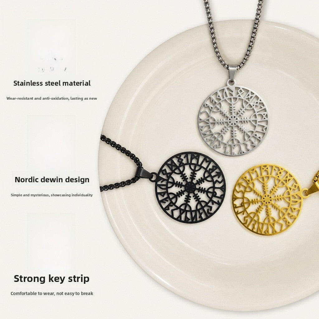 Nordic Style Men's Pendant Necklace With Titanium Steel Cutting Compass In Steel Color, Featuring Box Chain