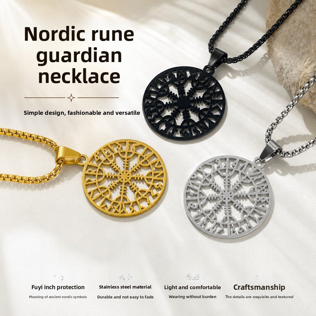 Nordic Style Men's Pendant Necklace With Titanium Steel Cutting Compass In Steel Color, Featuring Box Chain