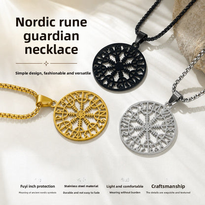 Nordic Style Men's Pendant Necklace With Titanium Steel Cutting Compass In Steel Color, Featuring Box Chain