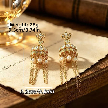 Unisex Ethnic Style Bell Tassel Drop Earrings In Yellow With Artificial Pearl Inlay, Made Of Zinc Alloy