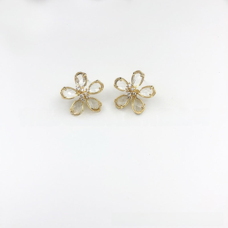 White Flower Earrings For Women With 925 Sterling Silver Posts And Crystal Inlay, Plastic Material Stud Earrings