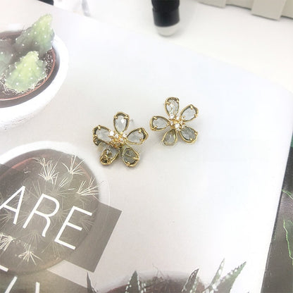 White Flower Earrings For Women With 925 Sterling Silver Posts And Crystal Inlay, Plastic Material Stud Earrings