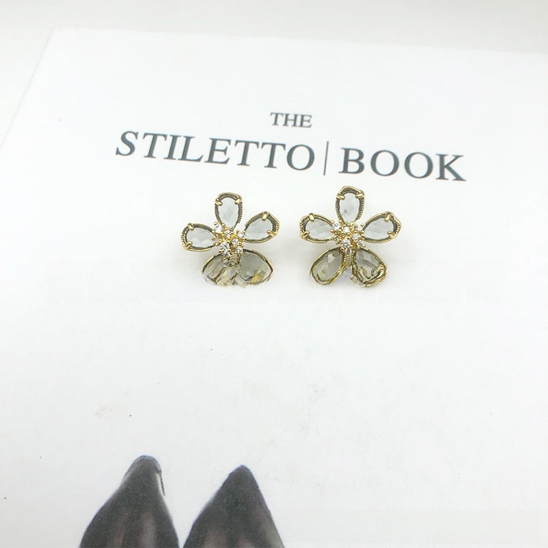 White Flower Earrings For Women With 925 Sterling Silver Posts And Crystal Inlay, Plastic Material Stud Earrings