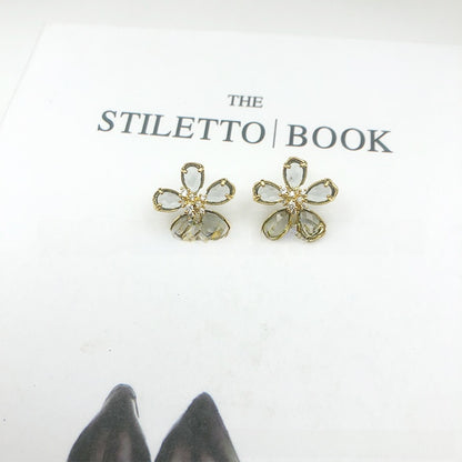 White Flower Earrings For Women With 925 Sterling Silver Posts And Crystal Inlay, Plastic Material Stud Earrings