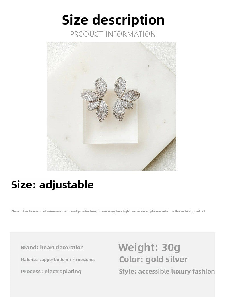 Silver Petal Earrings For Women In Alloy With Rhinestones, Electroplated Finish And 304 Stainless Steel Posts